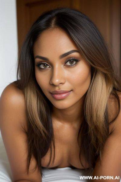 (beautiful slutty babe), (dark tanned skin) (fully nude), ((high quality)), ((depth of field)), ((long golden hair)), ((soft seductive smile)), (butt hole), (feet), (even lighting) - ai-porn.ai on pornintellect.com