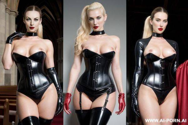 Red lips, latex corset, see through blouse, show nipples, gloves - ai-porn.ai on pornintellect.com