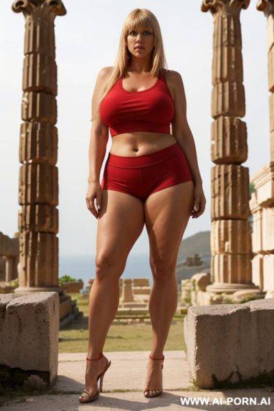 Chubby woman, long blonde hair with bangs, full body, standing, wearing red yoga shorts, wearing tank top, greek ruins - ai-porn.ai - Greece on pornintellect.com