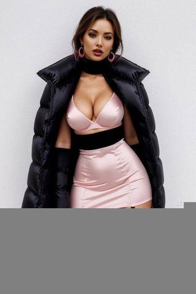Pink cropped puffer down jacket ,show naked boobs, no bra, black satin tango panties, white cotton tight bodycon dress, black sexy stockings - ai-porn.ai on pornintellect.com