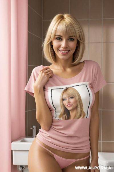 Beautiful italian woman, blonde hair, short layered hair with bangs, shaving her pussy, pink t-shirt, smiling, tanned, eye contact, in the bathroom, posing, photorealistic image, realistic, very detailed. - ai-porn.ai - Italy on pornintellect.com