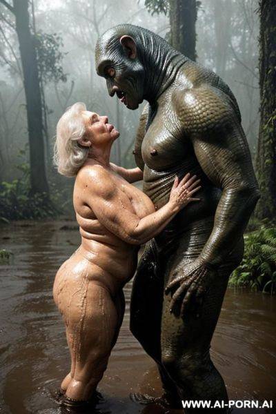 Two characters in the picture: granny and monster (male extraterrestrial creature); tropical jungle, heavy rainstorm (a lot of water around); huge male extraterrestrial creature (very impressive) ((looks - ai-porn.ai on pornintellect.com
