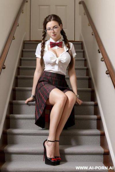 (bow tie) (plaid skirt) (sitting on the stairs) (glasses) - ai-porn.ai on pornintellect.com