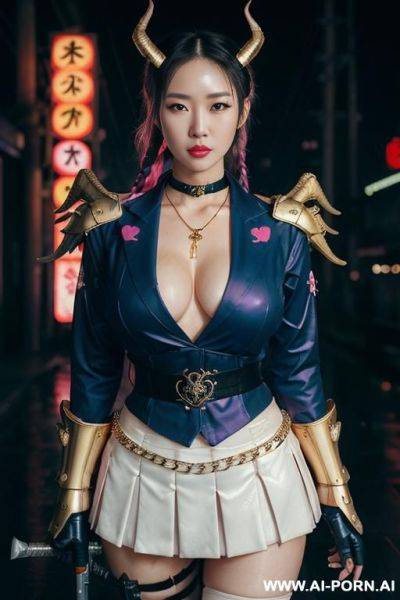 ((perfect quality masterpiece)), ((( kawaii korean woman))), ((high quality kawaii face)), ((horns, flaming angel wings, and scorpion tail)), (short purple and white twin braided hair), ((pink heart - ai-porn.ai - Japan - North Korea on pornintellect.com
