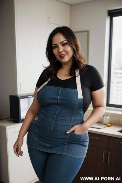 Mexican, supermodel, big forehead, wide hips, tight shirt, eye contact, high rise jeans, apron - ai-porn.ai - Mexico on pornintellect.com