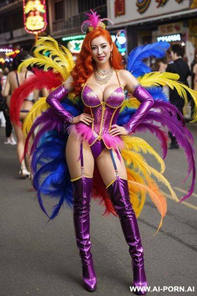 Djfk, rainbow feather studed bright diamond transparent corset，feather tutu skirt， mesh robe， rainbow sequin bra ,necklace，rainbow large pointed thigh-high boots - ai-porn.ai on pornintellect.com