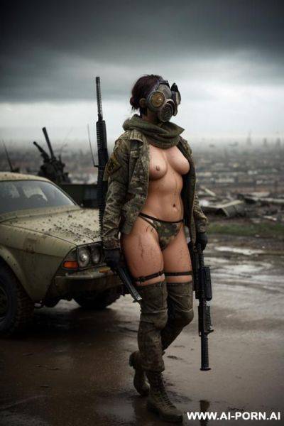 At nigth , apocalyptic city , cloudy sky fog battle city , atomic bomb explosions landscape , side view horizont looking , walking sexy pose , mud-stained body , camouflage thong , topless - ai-porn.ai on pornintellect.com