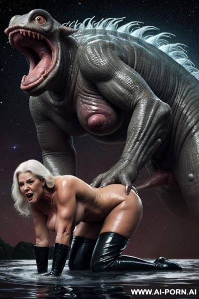 Two characters in the picture: granny sexy bimbo and monster (male extraterrestrial creature); heavy rainstorm (a lot of water around), lightning; huge male extraterrestrial creature (very impressive) - ai-porn.ai on pornintellect.com