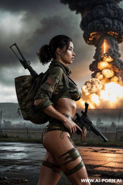 At nigth , apocaliptic town , cloudy sky fog battle city , atomic bomb explosions landscape , side view horizont looking , walking sexy pose , mud-stained oíl body , camouflage thong , - ai-porn.ai on pornintellect.com