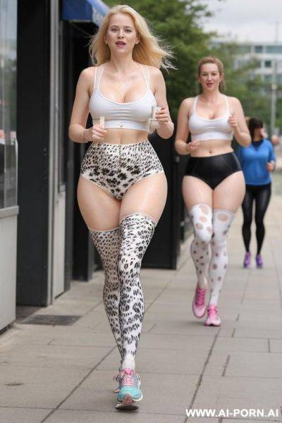 Blonde woman; milky-white skin; long legs; breasts lactating through clothes; upper clothes soaked in that milk; cowprint tights, wedge-heel running shoes; attempting to walk while having orgasms in public - ai-porn.ai on pornintellect.com