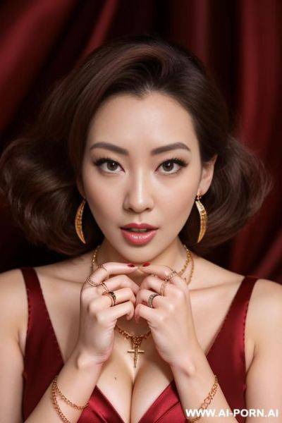Naked anime woman (gold necklace bracelets and rings, loop earrings), red satin dress, surprised, brown messy hair, camera from above, (( bukkake)) - ai-porn.ai on pornintellect.com