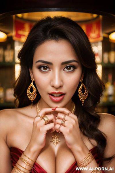 Arabic woman, in a bar, (gold necklace bracelets and rings, loop earrings), red satin dress, orgasm, brown messy hair, camera from above, ((cum on face)) - ai-porn.ai on pornintellect.com