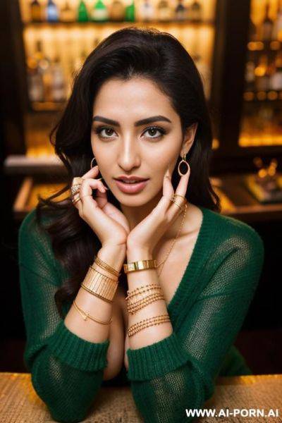 Arabic woman, in a bar, (gold necklace bracelets and rings, loop earrings), green sweater, orgasm , brown messy hair, camera from above, ((cum on face)) - ai-porn.ai on pornintellect.com