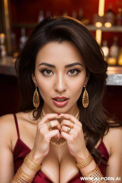 Arabic woman, in a bar, (gold necklace bracelets and rings, loop earrings), red satin dress, surprised, brown messy hair, camera from above, (( bukkake)) - ai-porn.ai on pornintellect.com