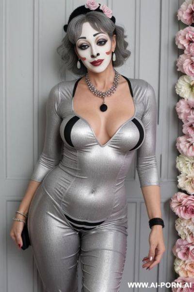 Mature, milf, perfect hourglass figure, eye contact, looking into camera, necklace, earrings, bracelets, wearing flowers, totally naked, full h - ai-porn.ai on pornintellect.com