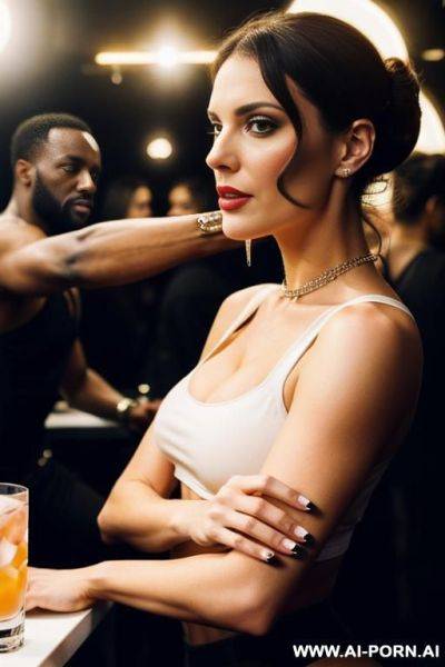 A white woman with a drink in her hand, taking a selfi, with a black man on a dance club - ai-porn.ai on pornintellect.com
