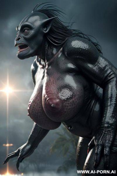 Two characters in the picture: granny and monster (male extraterrestrial creature); tropical jungle, heavy rainstorm (a lot of water around), lightning; huge male extraterrestrial creature (very - ai-porn.ai on pornintellect.com