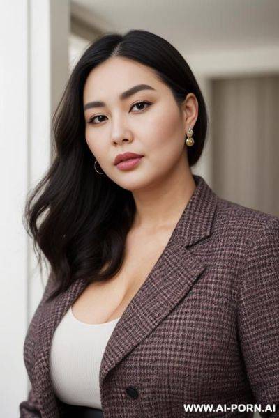 The picture shows a woman wearing a color-blocked jacket, but no clear physical information has been identified yet. judging from the picture, this woman has a plump figure and looks a bit - ai-porn.ai on pornintellect.com