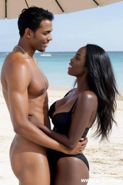 The couple is having sex on the beach, the white woman has black hair, and the guy has black skin - ai-porn.ai on pornintellect.com