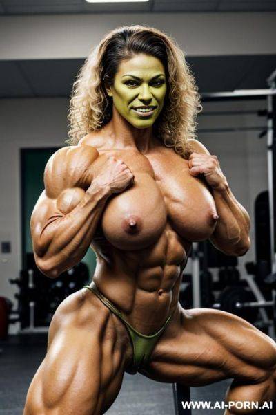 (((extreme muscular woman with green skin))), (((nude with hairy pussy))) - ai-porn.ai on pornintellect.com