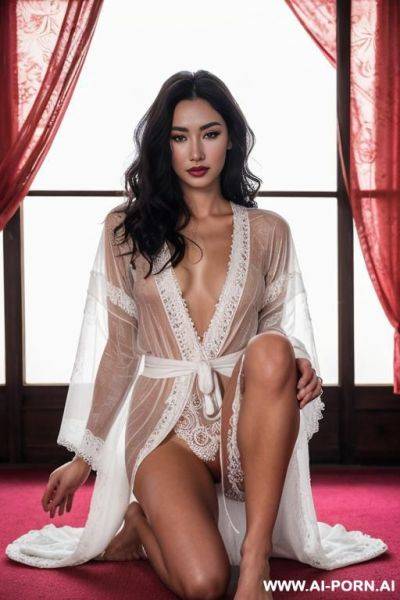 1 woman in the transparent style bathrobe is sitting on a red patterned carpet. wearing white lace gloves. see-through. broad forehead, well-shaped eyebrows, large and bright eyes, tight skin - ai-porn.ai on pornintellect.com