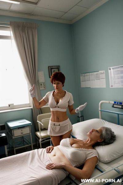 Two characters on the image: doctor (elderly man) and woman (came to see a doctor); a woman is being inspected by a breast specialist to diagnose a medical condition, doctor stands in front - ai-porn.ai on pornintellect.com