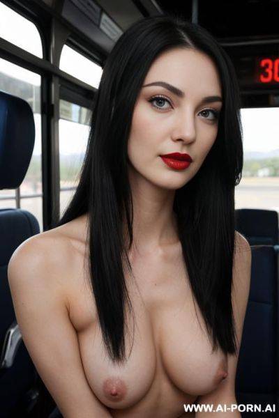 A beautiful nakedwoman with long black hair, huge boobs and striking blue eyes sits inside a bus, wearing red lipstick. suck a dick - ai-porn.ai on pornintellect.com