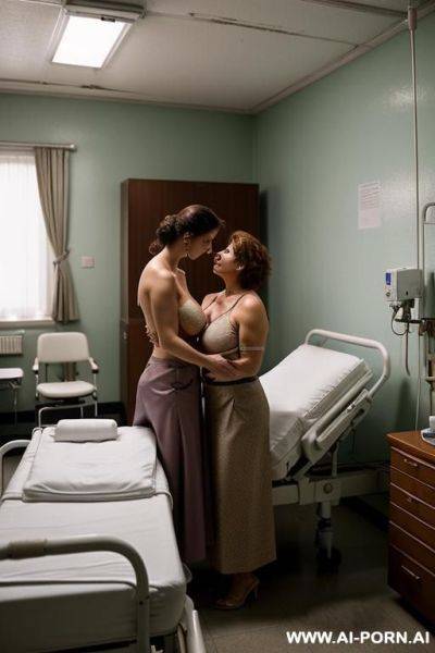 Two characters on the image: doctor (elderly man) and woman (came for a preventive check-up by a doctor); a woman is being inspected by a breast specialist to diagnose a medical condition, - ai-porn.ai on pornintellect.com