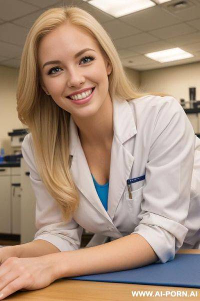 Blonde, sorority woman, laying on lab table, laboratory, laying down, side angle, pear shaped - ai-porn.ai on pornintellect.com