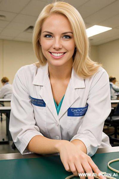 Blonde, sorority woman, laying on lab table, laboratories - ai-porn.ai on pornintellect.com