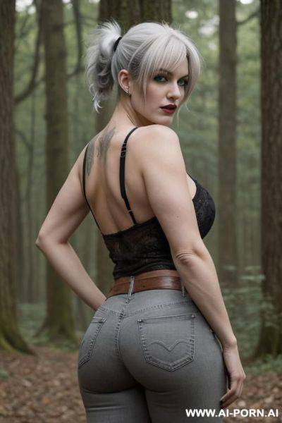 White 2 goth woman showing her huge ass in grey jeans, black tank tops and has a tails - ai-porn.ai on pornintellect.com