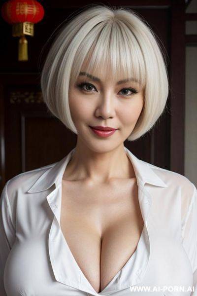 Hot cougar, enormous gigantic oversized heavy round m cup boobs, white button shirt with deep cleavage, confident smirk - ai-porn.ai on pornintellect.com