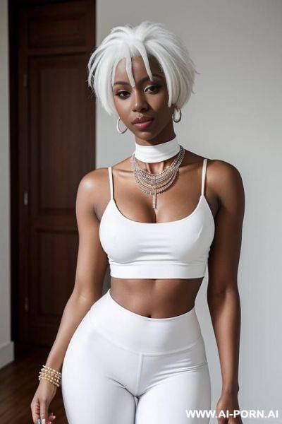 Chocker necklace, white crop top on top, white leggings on bot - ai-porn.ai on pornintellect.com