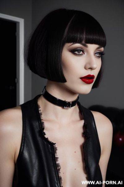 (goth), (dark eyeliner), (dark eyeshw), ((dark eyes)), (red lipstick), (cherry lips), ((chocker)), ((bobcut)), ((dark messy hair)), - ai-porn.ai on pornintellect.com