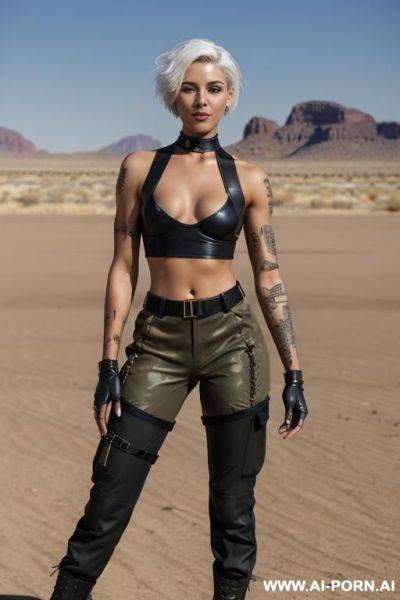 A naked dark-skinned muscular policewoman with short white hair, a body covered in vulgar inscriptions and sprayed with white liquid in a collar, lies in tears with a lost look in full growth - ai-porn.ai on pornintellect.com