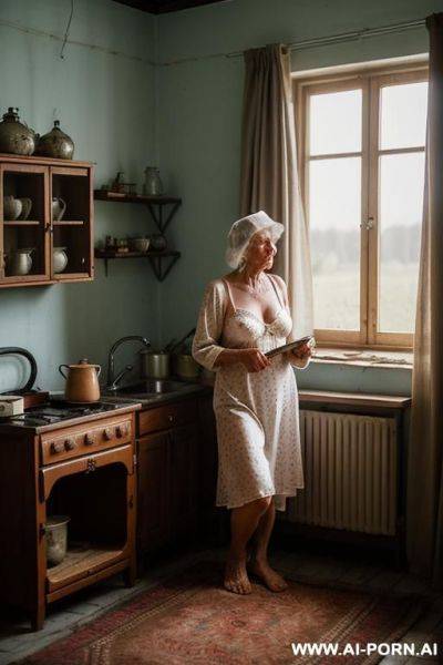 An elderly ukrainian woman from a remote village in the sumy region is getting ready for bed in a modest, rural home. it is evening, and the dim, glow from a single light source softly - ai-porn.ai on pornintellect.com