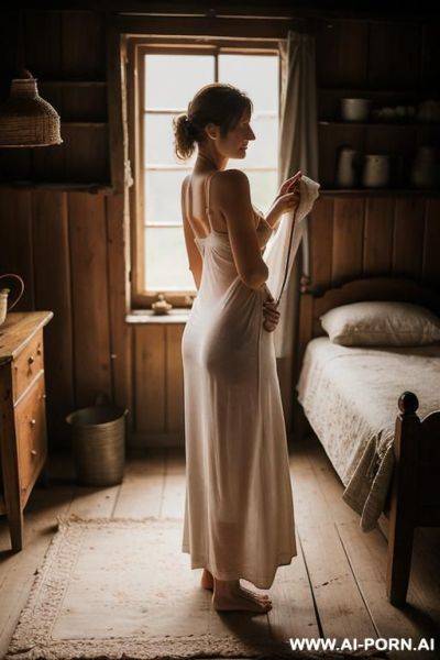 An elderly ukrainian woman from a remote village in the sumy region is getting ready for bed in a modest, rural home. it is evening, and the dim, m light of a single bulb fills the , - ai-porn.ai on pornintellect.com
