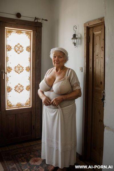 An elderly ukrainian woman from a remote village in the sumy region is getting ready for bed in a modest rural home. it is evening, and the soft glow from a single light source gently - ai-porn.ai on pornintellect.com