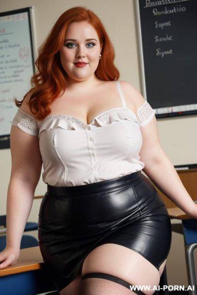 Close up full body photo shot, about at classroom, chubby very ((very obese)) redhead fat bbw curvy teacher, wearing a sexy and hot micro ruffle leather skirt, and elegant top, teaching to the classroom. ((dynamic angle)), perfect face - ai-porn.ai on pornintellect.com