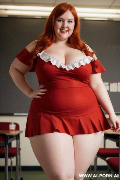 Close up full body photo shot, about at classroom, chubby very ((very obese)) redhead fat bbw curvy teacher, wearing a sexy and hot micro red ruffle skirt, and elegant top, teaching to the classroom. - ai-porn.ai on pornintellect.com