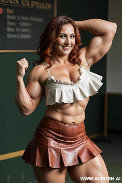 Close up full body photo shot from front, stunningly beautiful, about at classroom, chubby very ((very obese)) redhead fat bbw curvy teacher, (((wearing a sexy and hot micro ruffle leather skirt, - ai-porn.ai on pornintellect.com