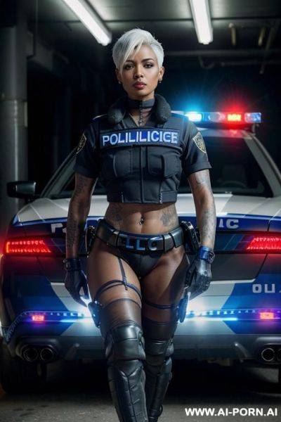 A naked dark-skinned muscular policewoman with short white hair, a body covered in vulgar inscriptions and sprayed with white liquid in a collar, lies in tears with a lost look in full growth, toples, piercing nipples, black lipstick - ai-porn.ai on pornintellect.com