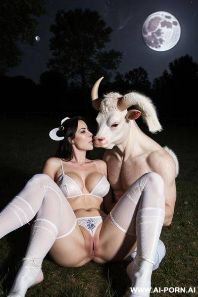 Cow man and a woman in white kneesocks have sex in the moonlight - ai-porn.ai on pornintellect.com