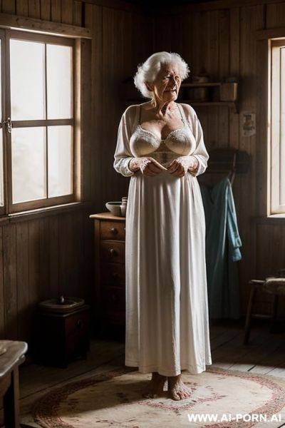 An elderly ukrainian woman from a remote village in the sumy region is getting ready for bed in a modest, rural home. it is evening, and the dim, glow from a single light source softly - ai-porn.ai - Ukraine on pornintellect.com