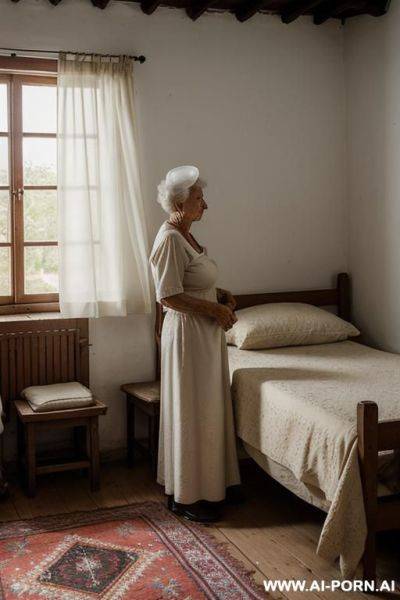 An elderly ukrainian woman from a remote village in the sumy region is preparing for bed in a humble, traditional rural house that reflects the atmosphere of the late soviet period, untouched - ai-porn.ai - Ukraine on pornintellect.com