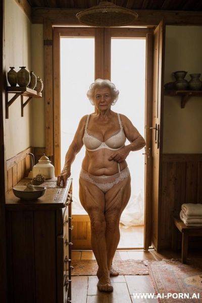 An elderly ukrainian woman from a remote village in the sumy region is getting ready for bed in a modest rural home. it is evening, and the soft glow from a single light source gently - ai-porn.ai - Ukraine on pornintellect.com