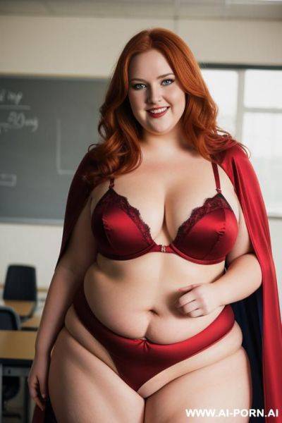 Close up half body photo shot, about at classroom, chubby very ((obese)) redhead fat bbw curvy teacher, wearing a sexy and hot heroine (red and gold) suit, a flowing cape and a sleek eye mask and stocking, teaching to the classroom. - ai-porn.ai on pornintellect.com