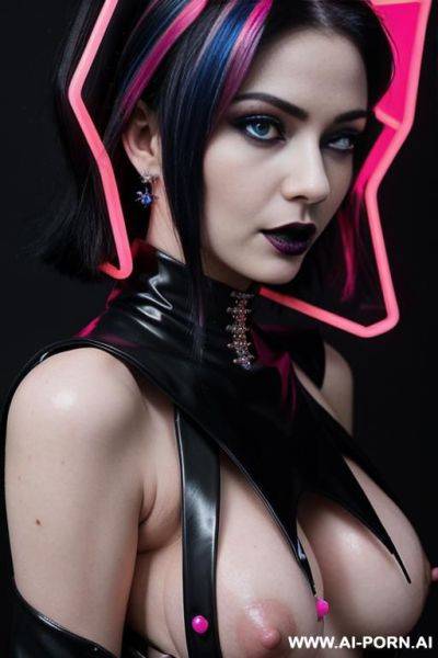 (goth woman) (pallid skin) (blue eye tint) (elegant nipple shield) (nipple rings) (pierced nipples) (black hair with neon pink highlights) - ai-porn.ai on pornintellect.com