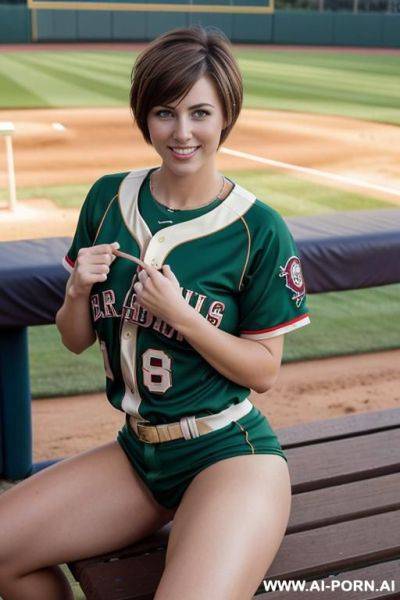 Humongous breasts, brown hair, green eyes, pixie haircut, baseball jersey, no pants, no panties, showing pussy, smile, baseball field, sitting on bench - ai-porn.ai on pornintellect.com