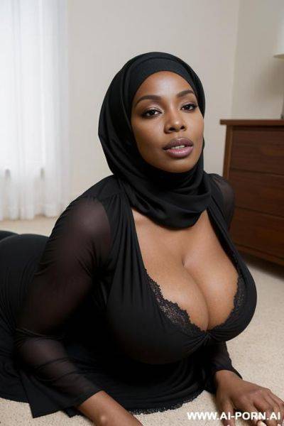 A black woman with a big ass, wide hips, and large, massive breasts. she is wearing a black hijab that covers her body. lying on the floor. - ai-porn.ai on pornintellect.com